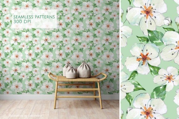 Download White Spring Flowers Green Pattern - Green pattern Collection